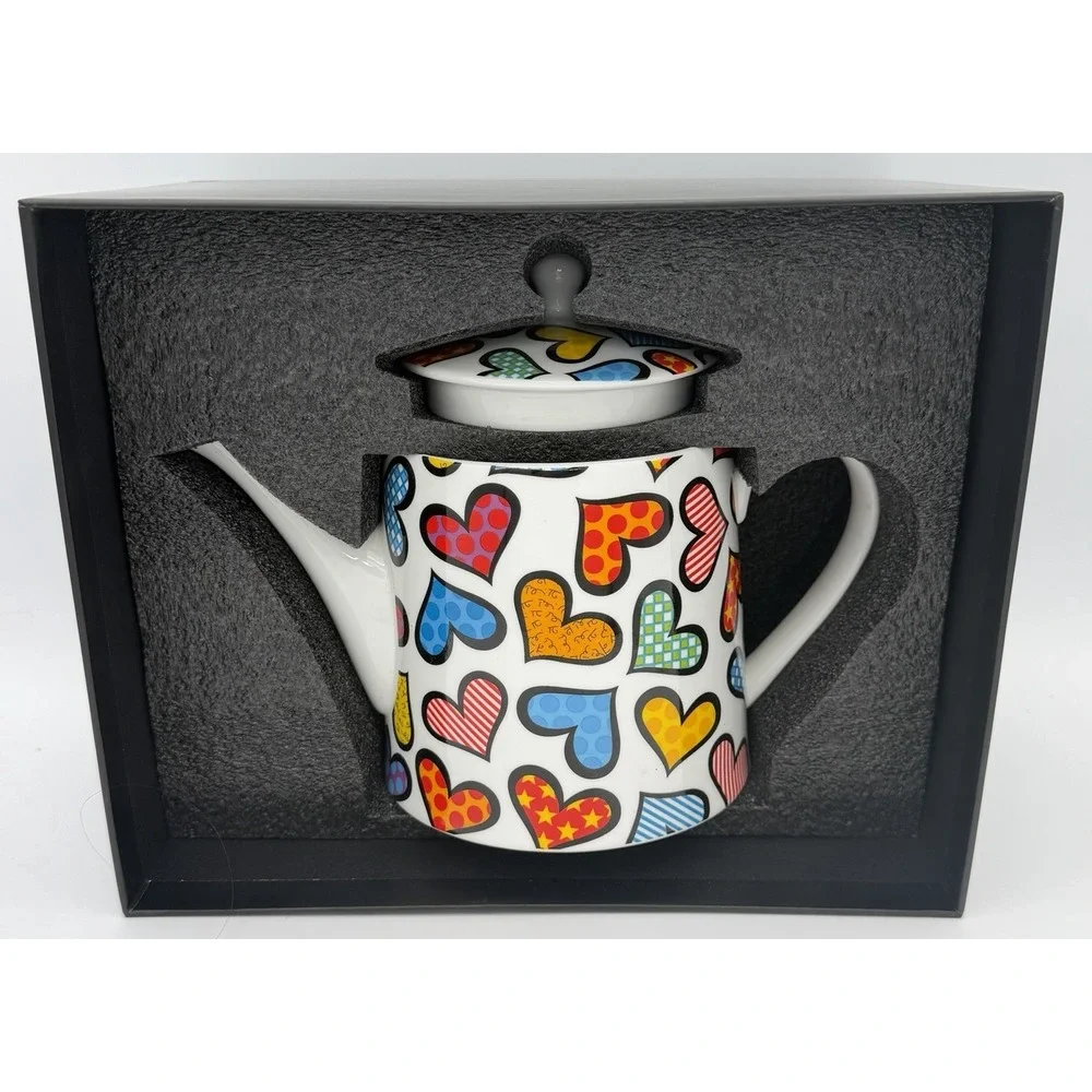 Romero Britto Teapot Coffee Pot Multi Colored Hearts Bone China 28.7 oz New